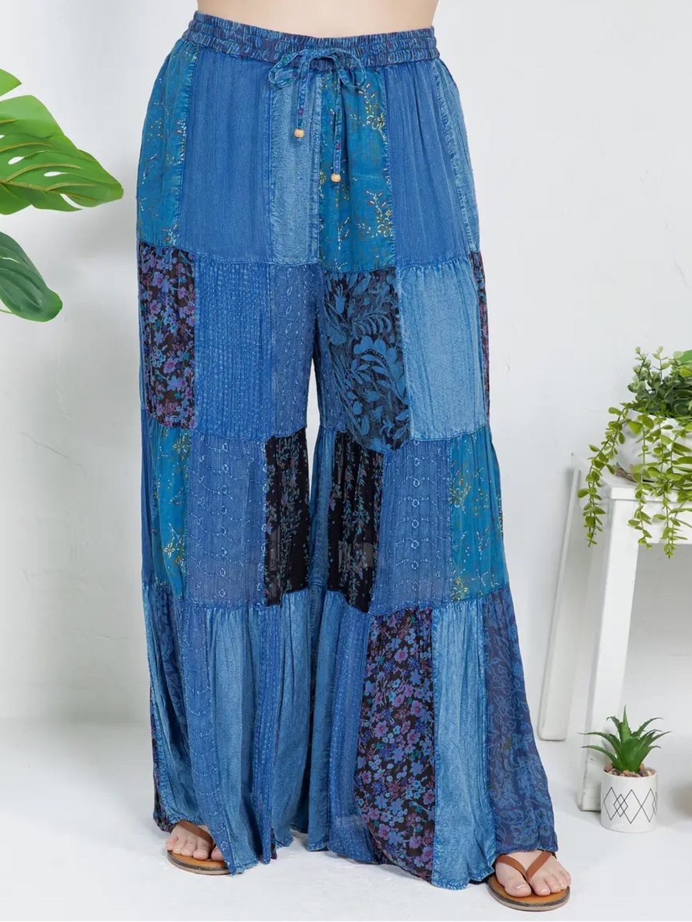 YOUNG THREADS Boho Patchwork Wide Leg Palazzo Pants - Blue - Picture 3 of 6